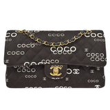 CHANEL 2001-2003 COCO patterned Classic Double Flap Medium Black Canvas