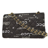 CHANEL 2001-2003 COCO patterned Classic Double Flap Medium Black Canvas 47523