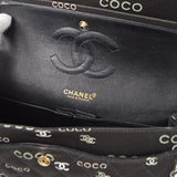 CHANEL 2001-2003 COCO patterned Classic Double Flap Medium Black Canvas 47523