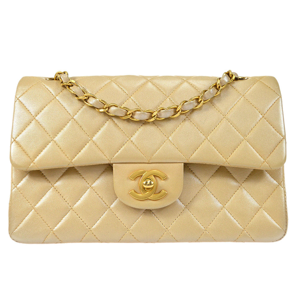 CHANEL 2000-2001 Classic Double Flap Medium Metallic Beige Lambskin