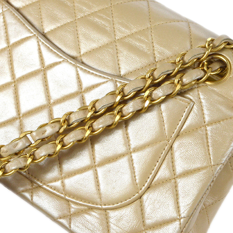 CHANEL 2000-2001 Classic Double Flap Medium Metallic Beige Lambskin