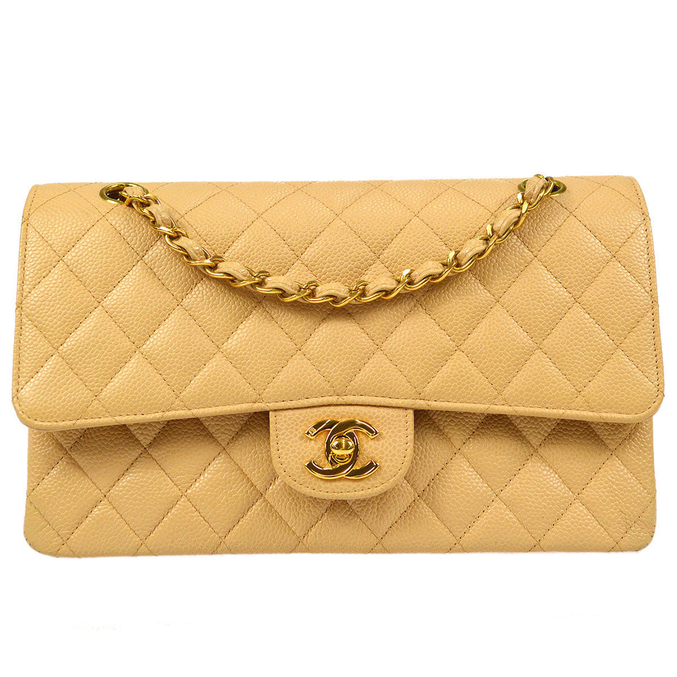 CHANEL 1997-1999 Classic Double Flap Medium Beige Caviar