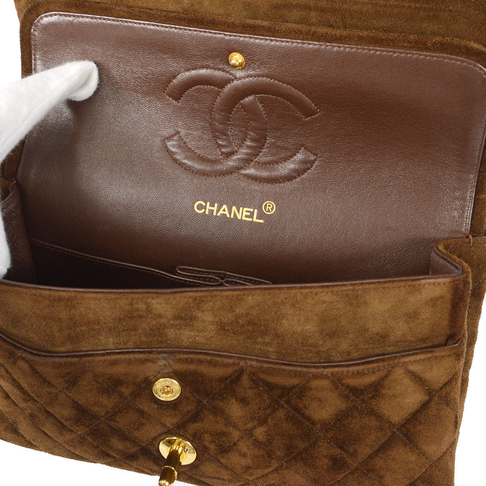 CHANEL 1994-1996 Classic Double Flap Medium Brown Suede