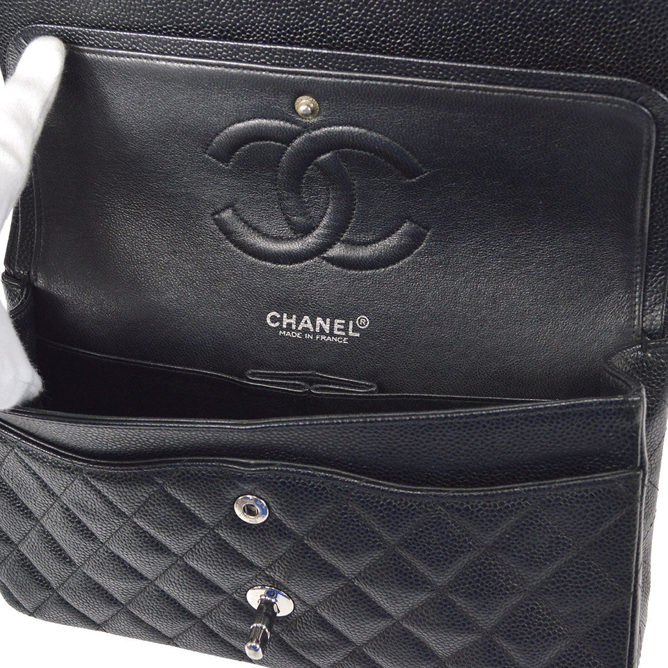CHANEL 2000-2001 Classic Double Flap Medium SHW Black Caviar