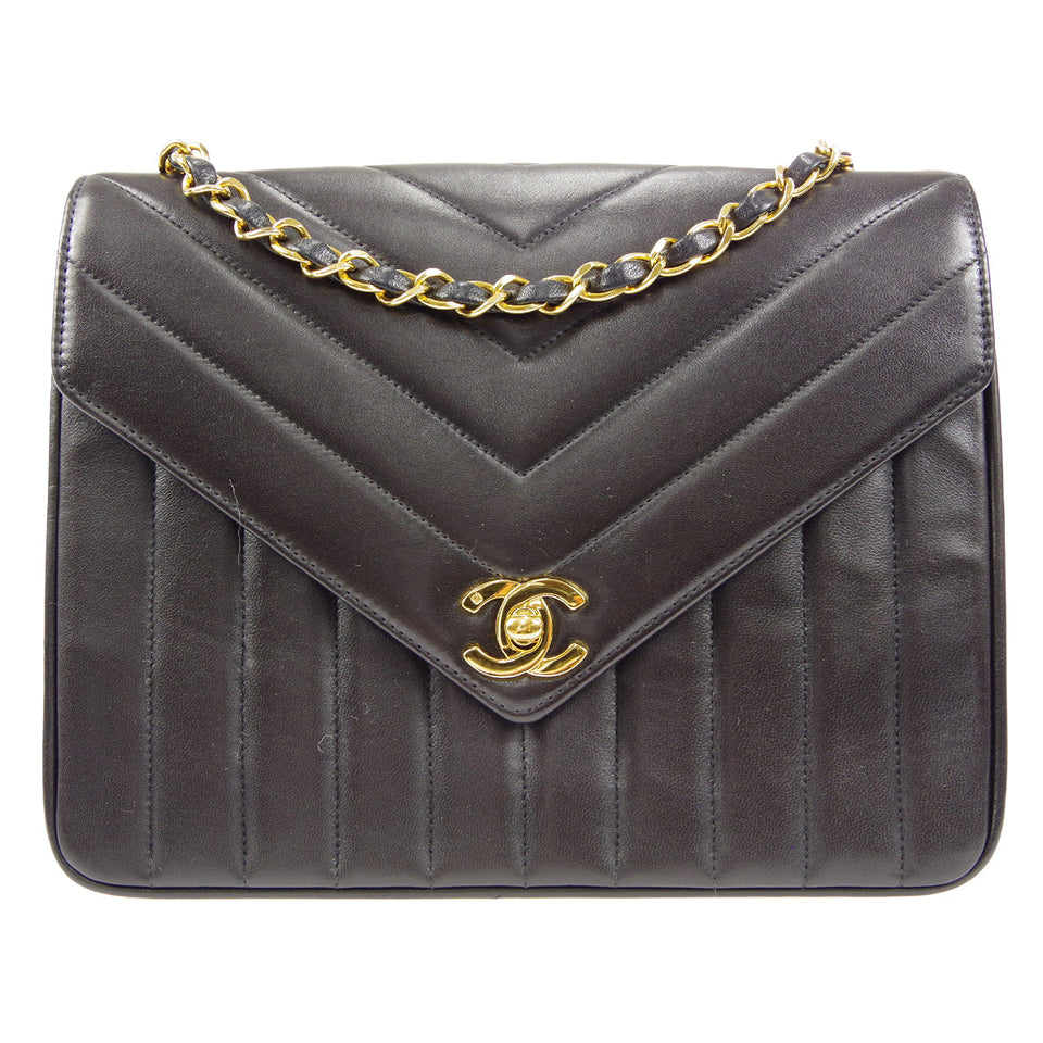 CHANEL V Stitch Mademoiselle Double Chain Shoulder Bag Lambskin
