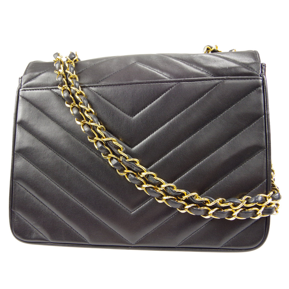 CHANEL V Stitch Mademoiselle Double Chain Shoulder Bag Lambskin