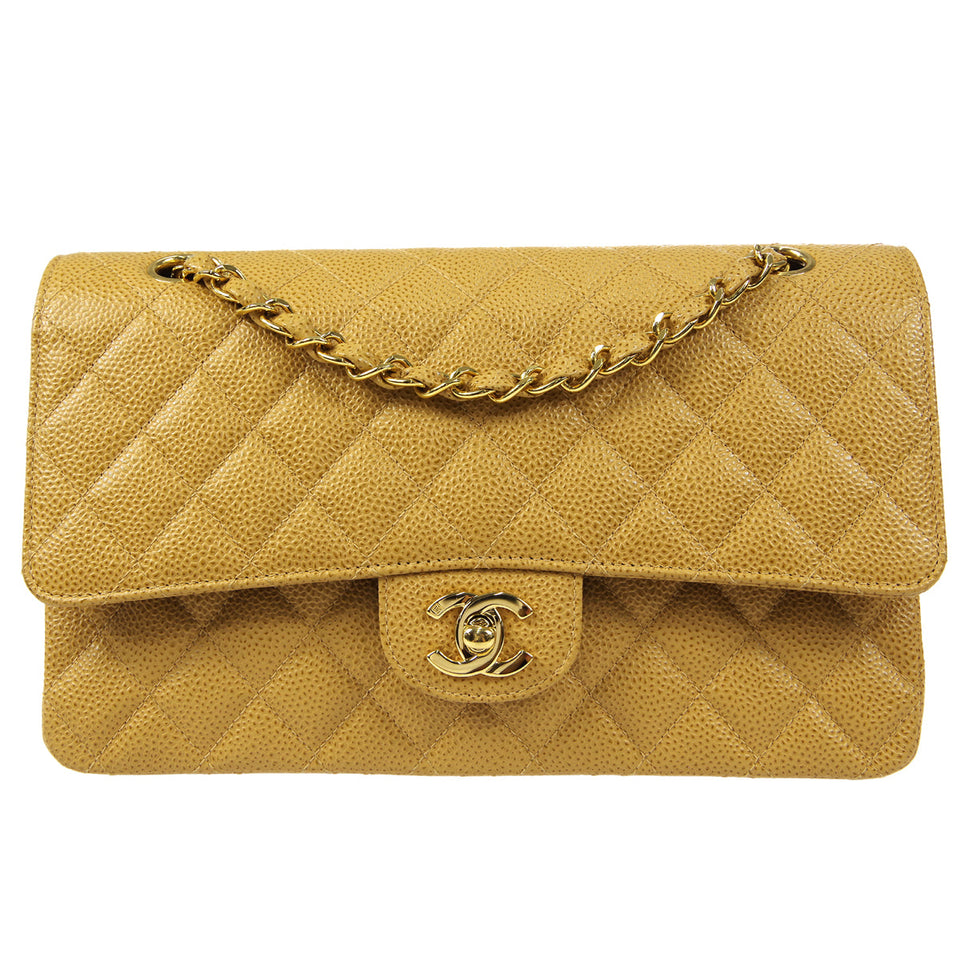 CHANEL 2001-2003 Classic Double Flap Medium Beige Caviar