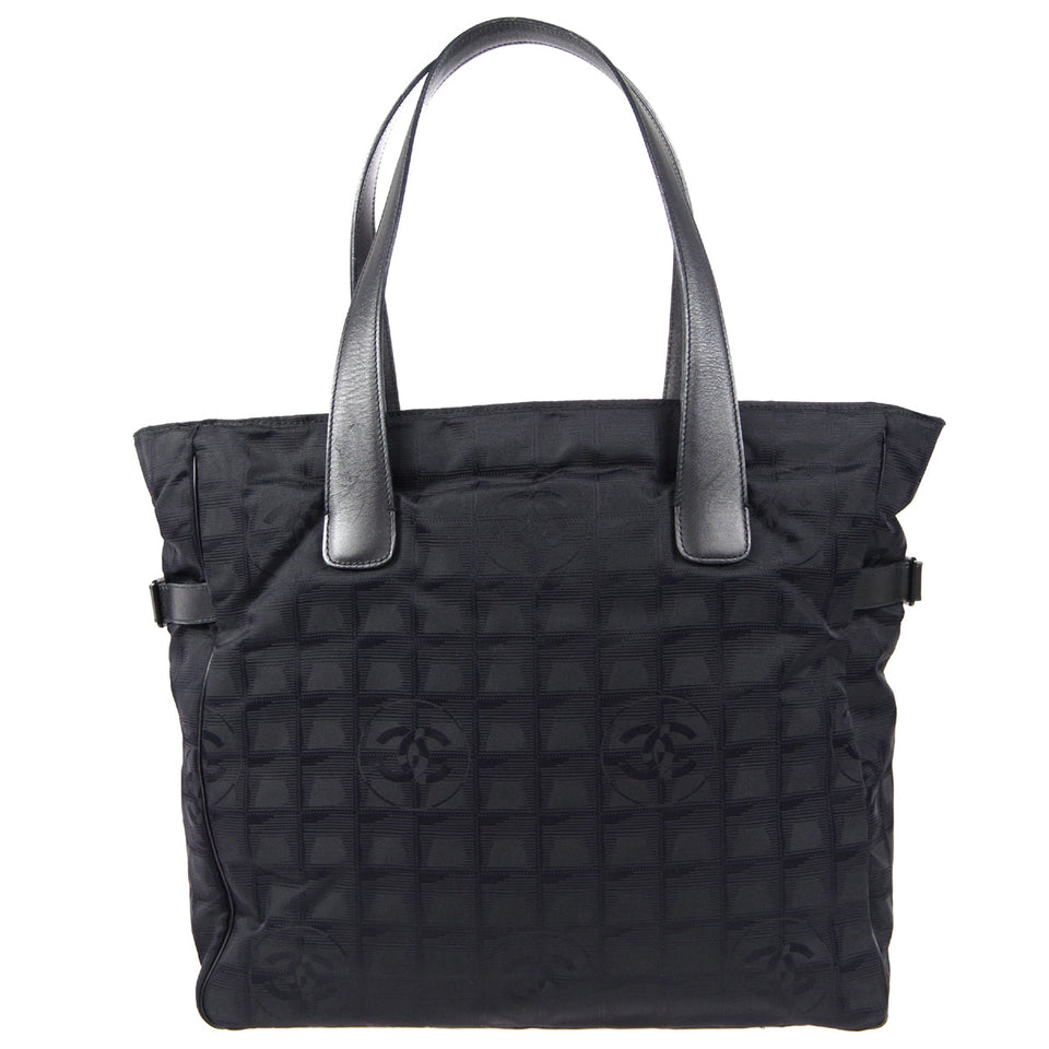CHANEL Choco Bar Travel Line Tote Handbag Black Jacquard