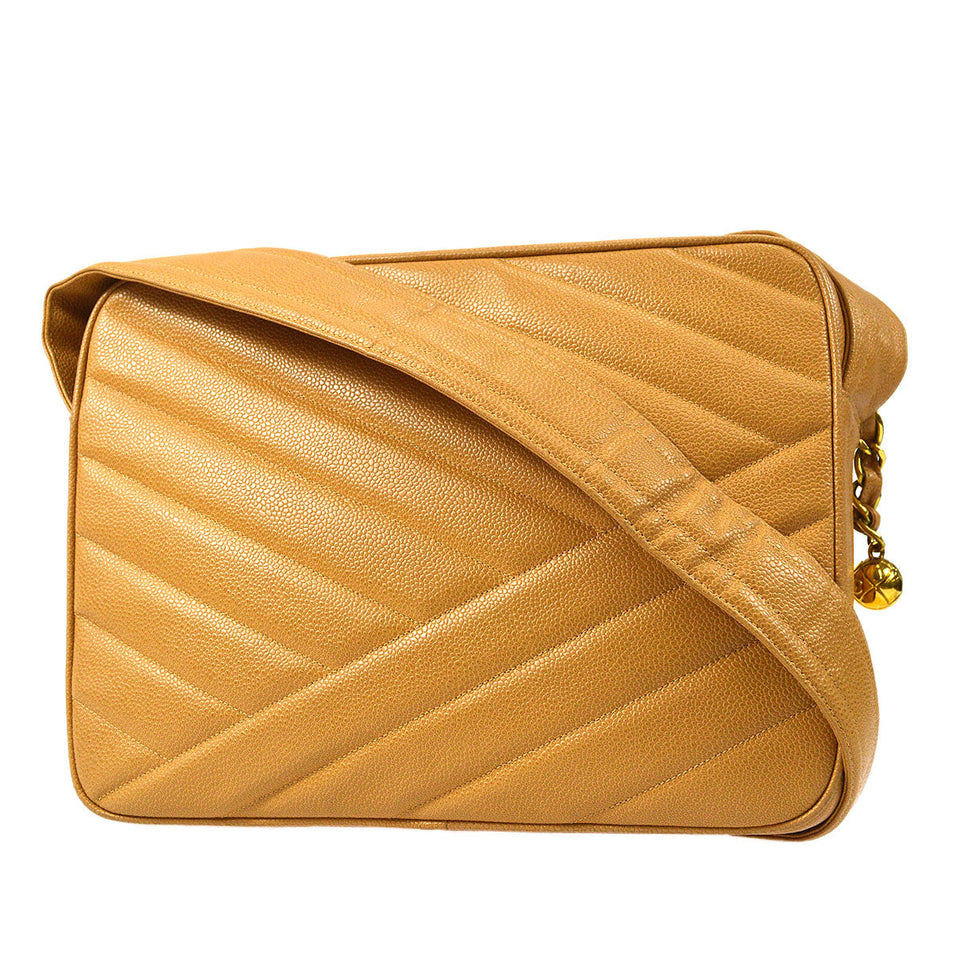 CHANEL Bias Stitch Shoulder Bag Beige Caviar