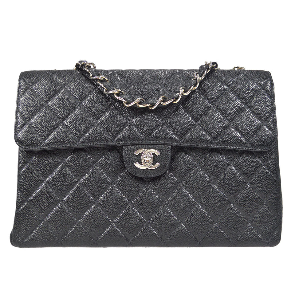CHANEL Classic Flap Jumbo Double Chain Shoulder Bag Black Caviar