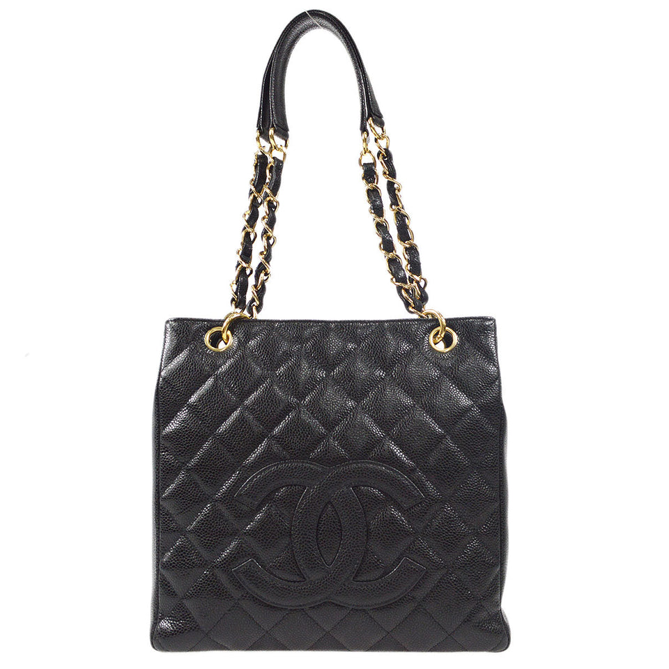 CHANEL Petite Shopping Tote PST Chain Hand Tote Bag Black Caviar