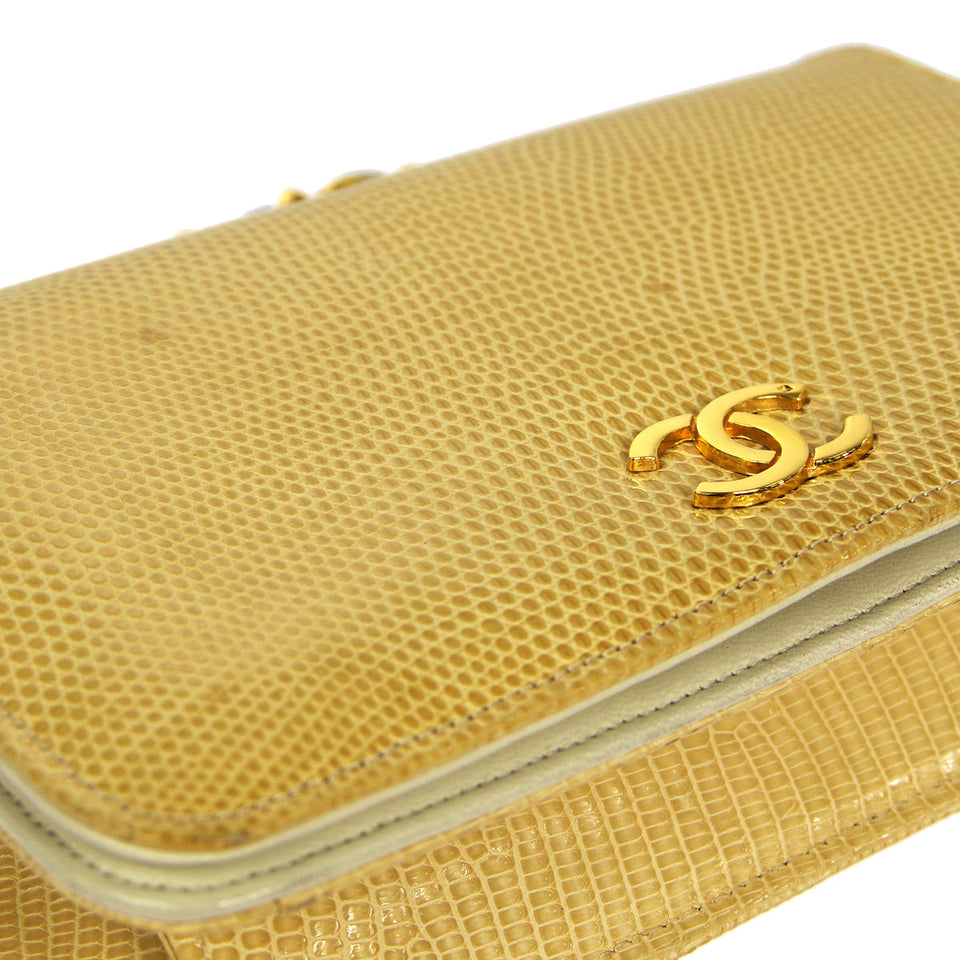 CHANEL * Full Flap Chain Shoulder Bag Beige Lizard