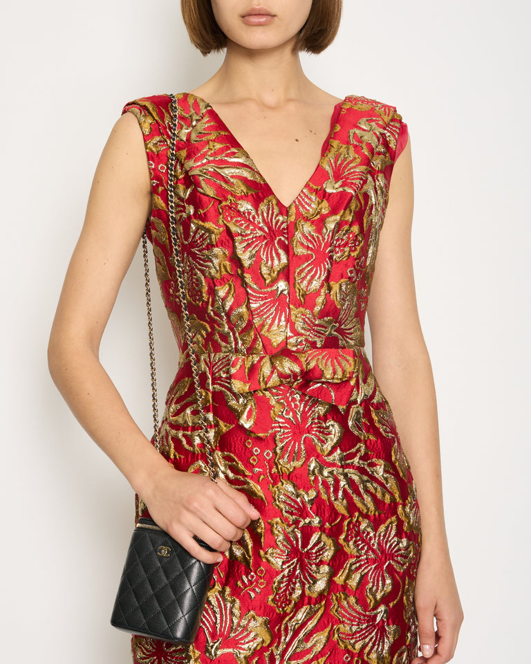 Prada Red & Gold Midi Dress with Floral & Bow Detail Size IT 40 (UK 8)
