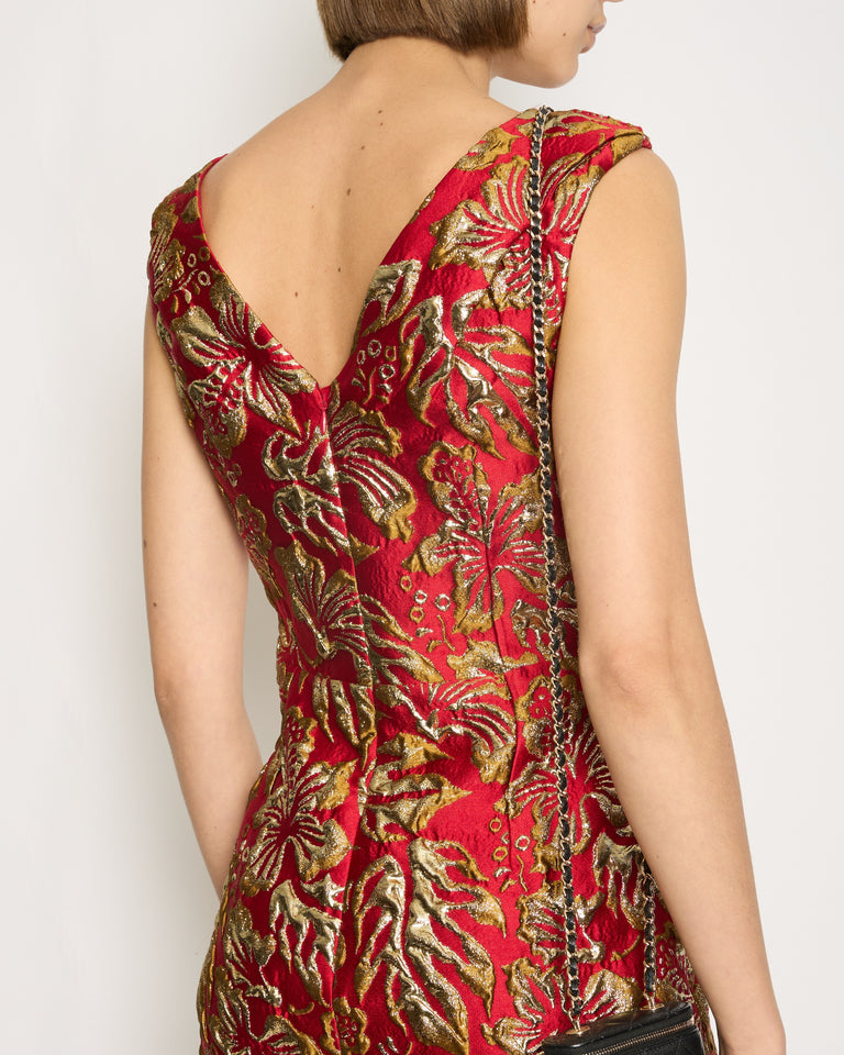 Prada Red & Gold Midi Dress with Floral & Bow Detail Size IT 40 (UK 8)