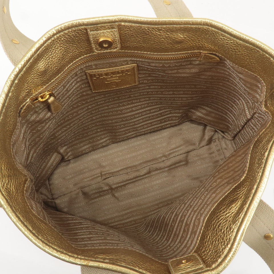 Prada Logo Jacquard Leather 2Way Hand Bag Beige Gold BN1453