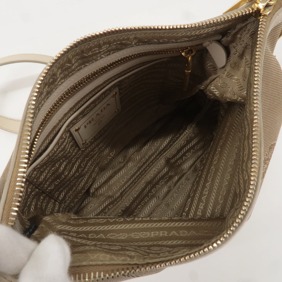 Prada Logo Jacquard Canvas Leather Shoulder Bag Beige Ivory