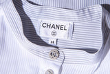 Chanel Gray & White Pinstripe Bib Blouse SZ 38