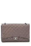 Chanel 2009-2010 Maxi Classic Flap Gunmetal Quilted Lambskin Handbag W Silver HW