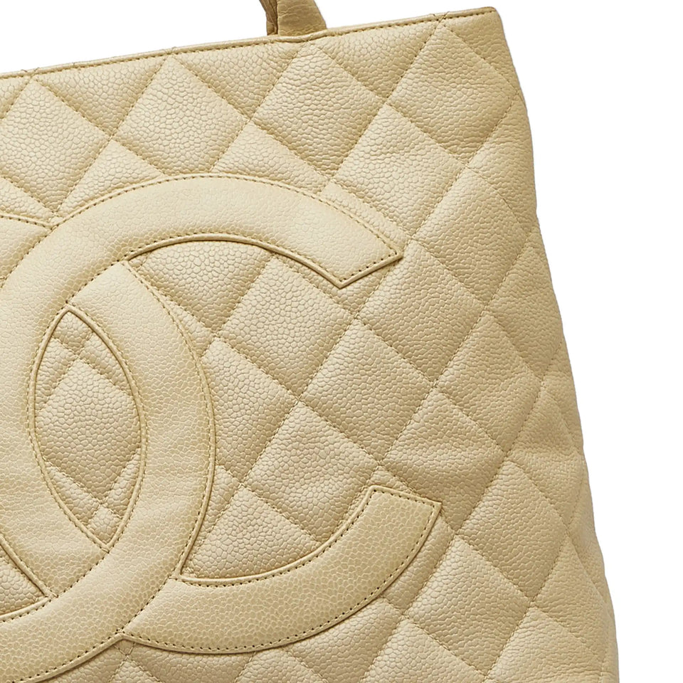 Chanel Medallion Tote Bag White Caviar Gold