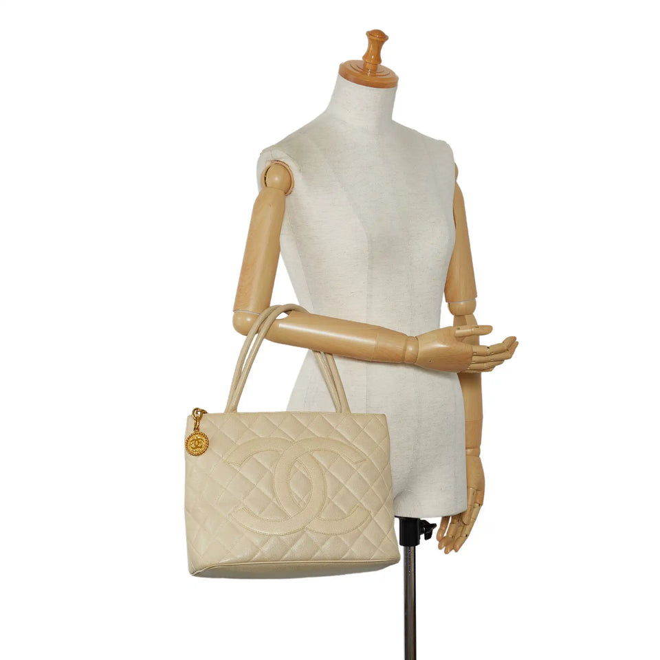 Chanel Medallion Tote Bag White Caviar Gold