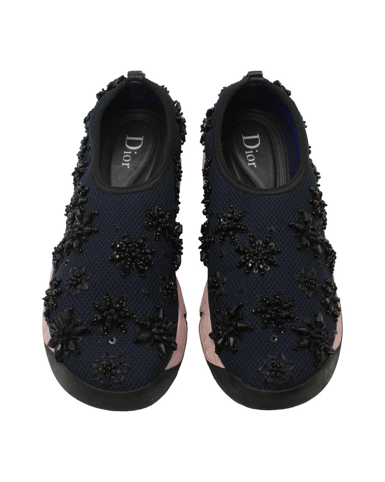 Dior Fusion Embellished Slip-On Sneakers in Navy Blue Mesh
