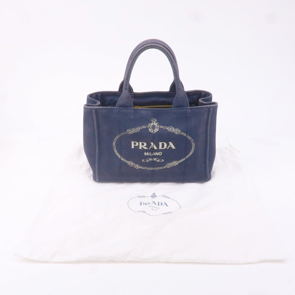 Prada Canapa Mini Canvas 2Way Tote Bag Hand Bag Navy 1BG439