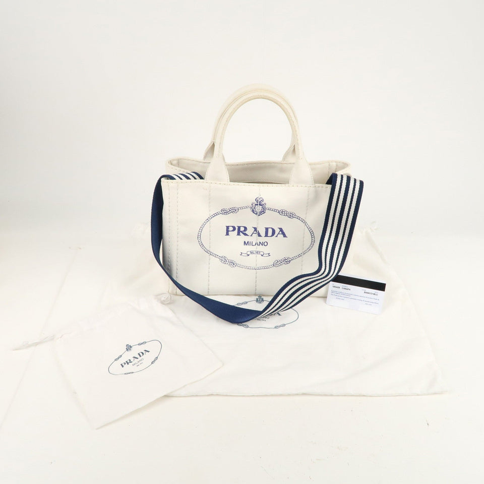 Prada Canapa Mini Canvas 2Way Tote Bag Hand Bag White 1BG439