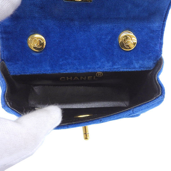 CHANEL Around 1990 Made Velvet Turn-Lock Mini Chain Bag Blue