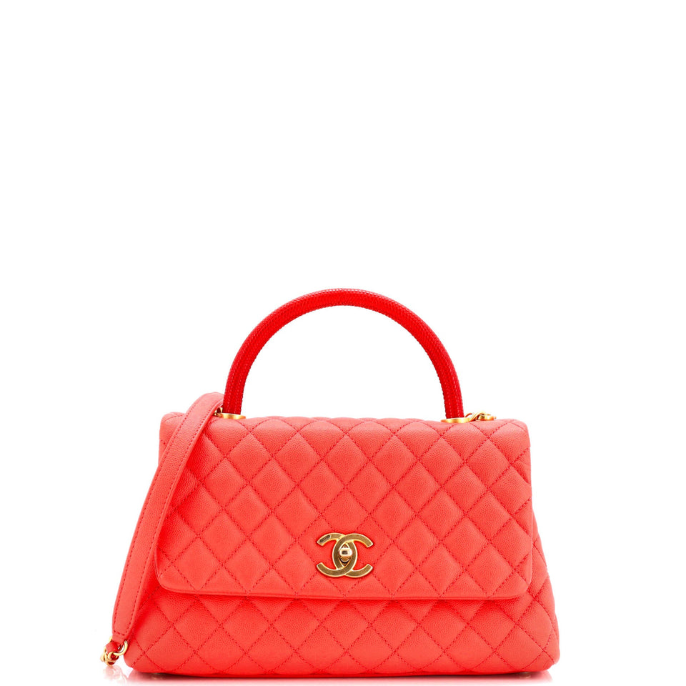 Coco Top Handle Bag Quilted Caviar with Lizard Embossed Handle Small