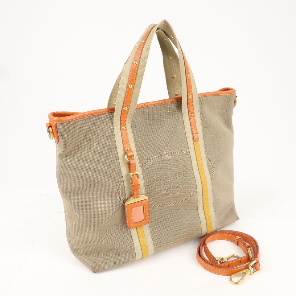 Prada Logo Jacquard Leather 2Way Hand Bag Beige Orange BN1453