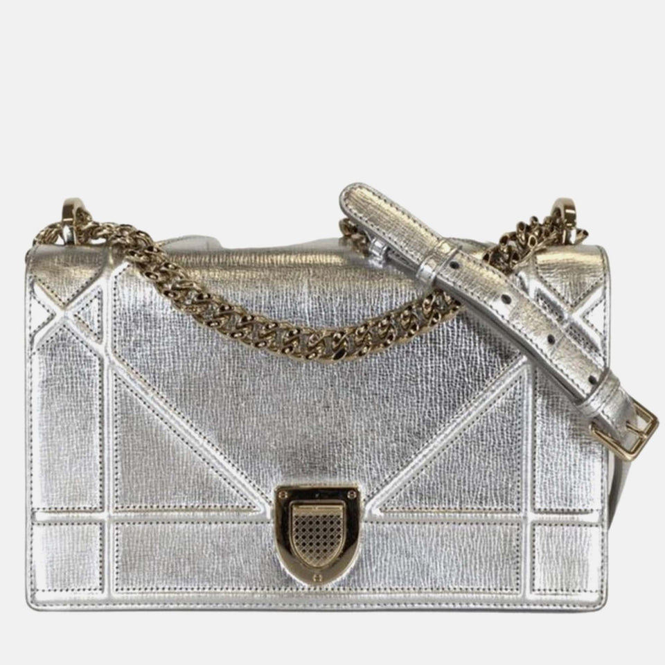 Silver Leather Medium Diorama Shoulder Bag