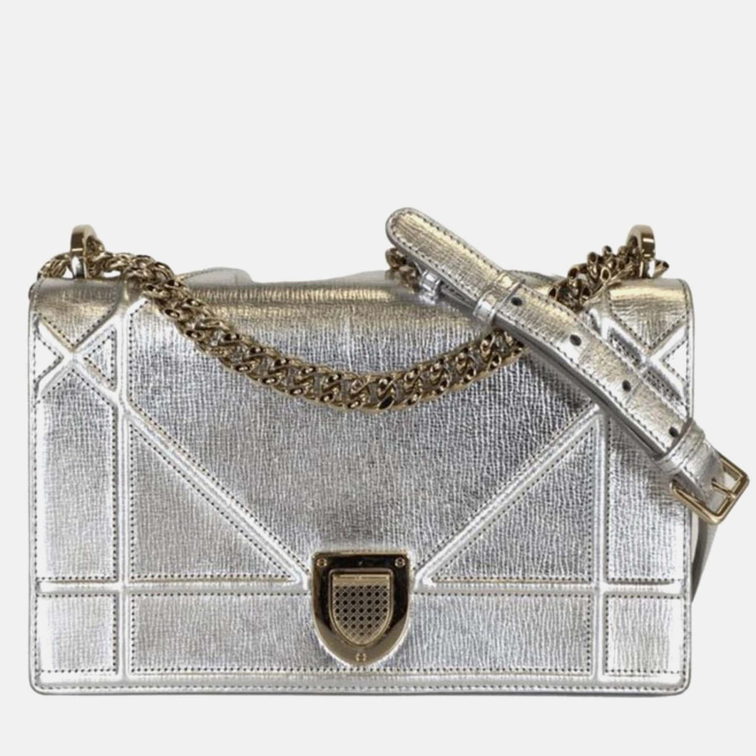 Silver Leather Medium Diorama Shoulder Bag