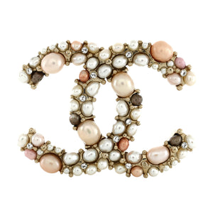 CC Brooch Metal with Crystals and Faux Pearls