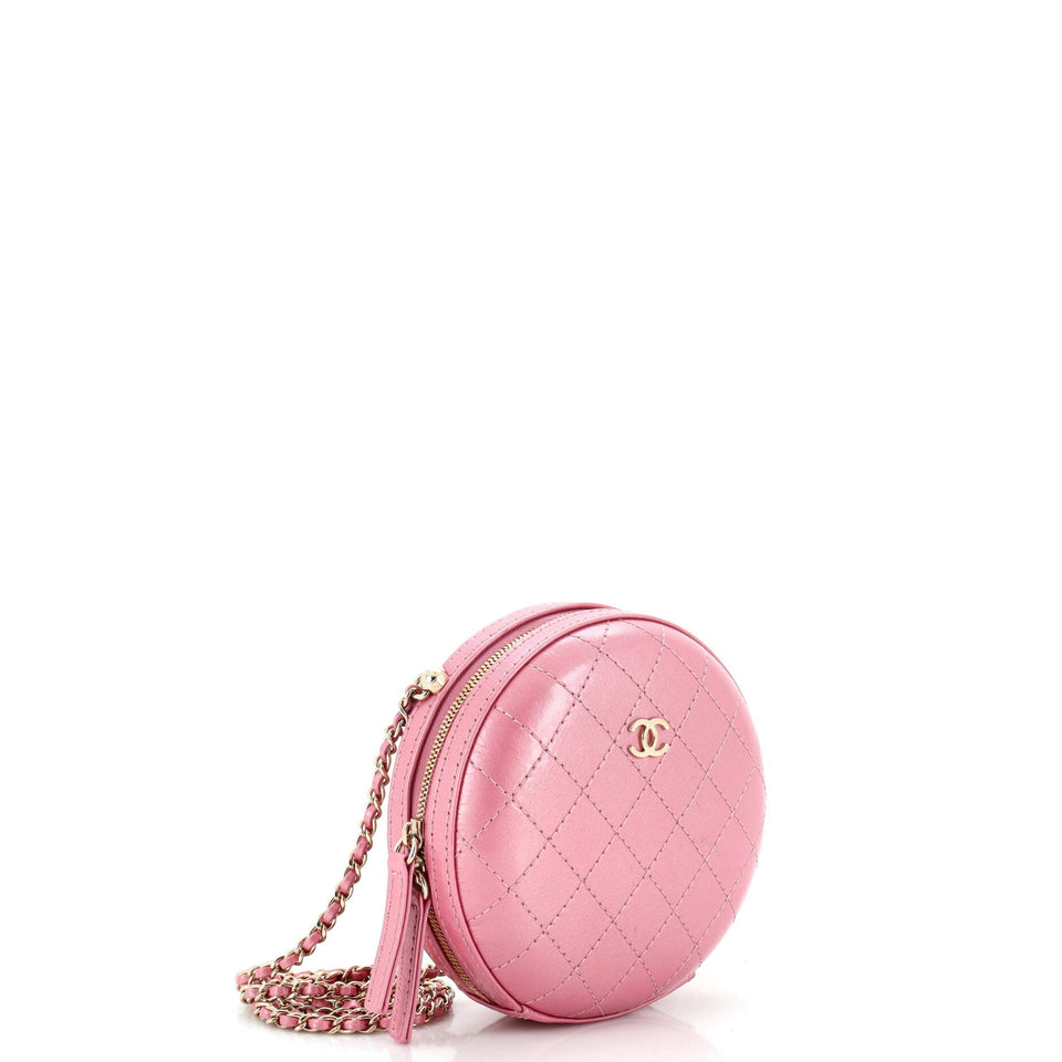 Round Clutch with Chain Quilted Iridescent Calfskin