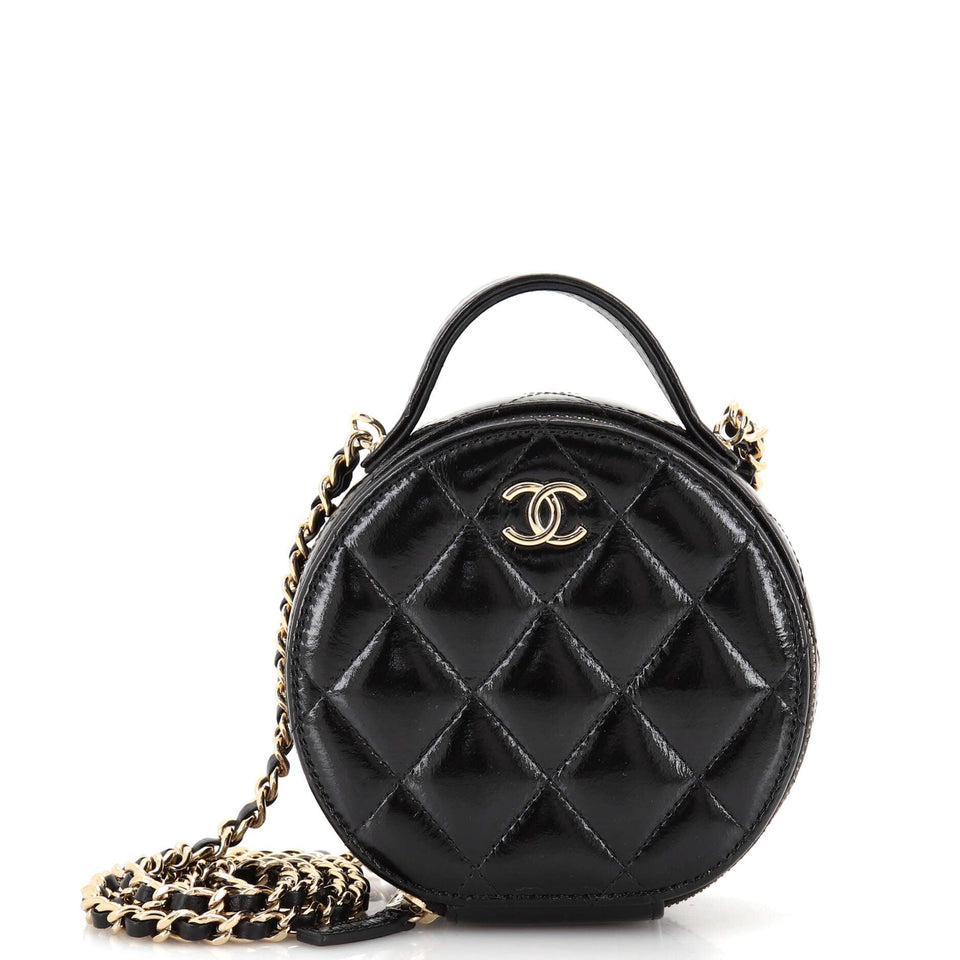 Handle with Care Round Vanity Case with Chain Quilted Patent Small