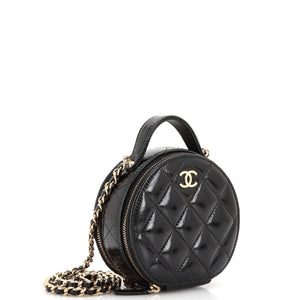 Handle with Care Round Vanity Case with Chain Quilted Patent Small