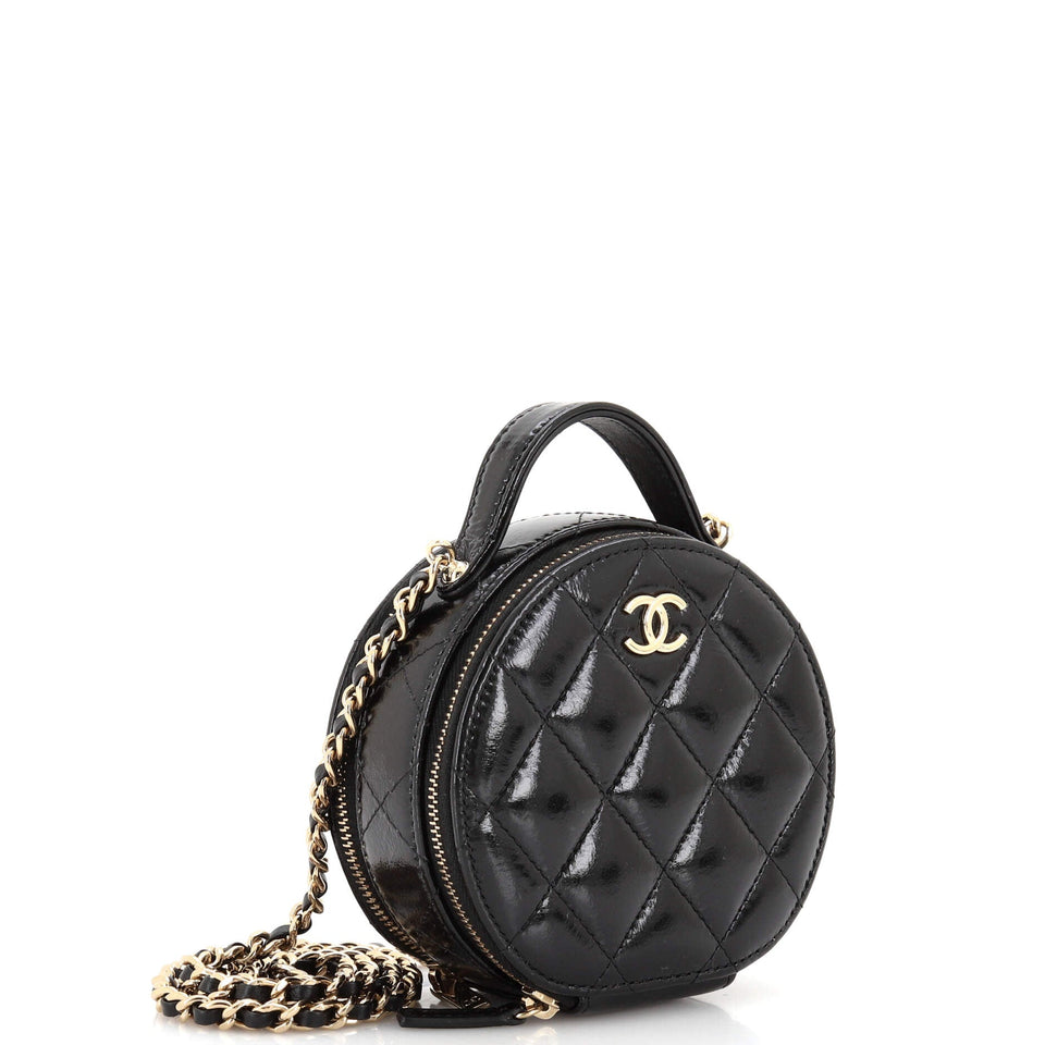 Handle with Care Round Vanity Case with Chain Quilted Patent Small