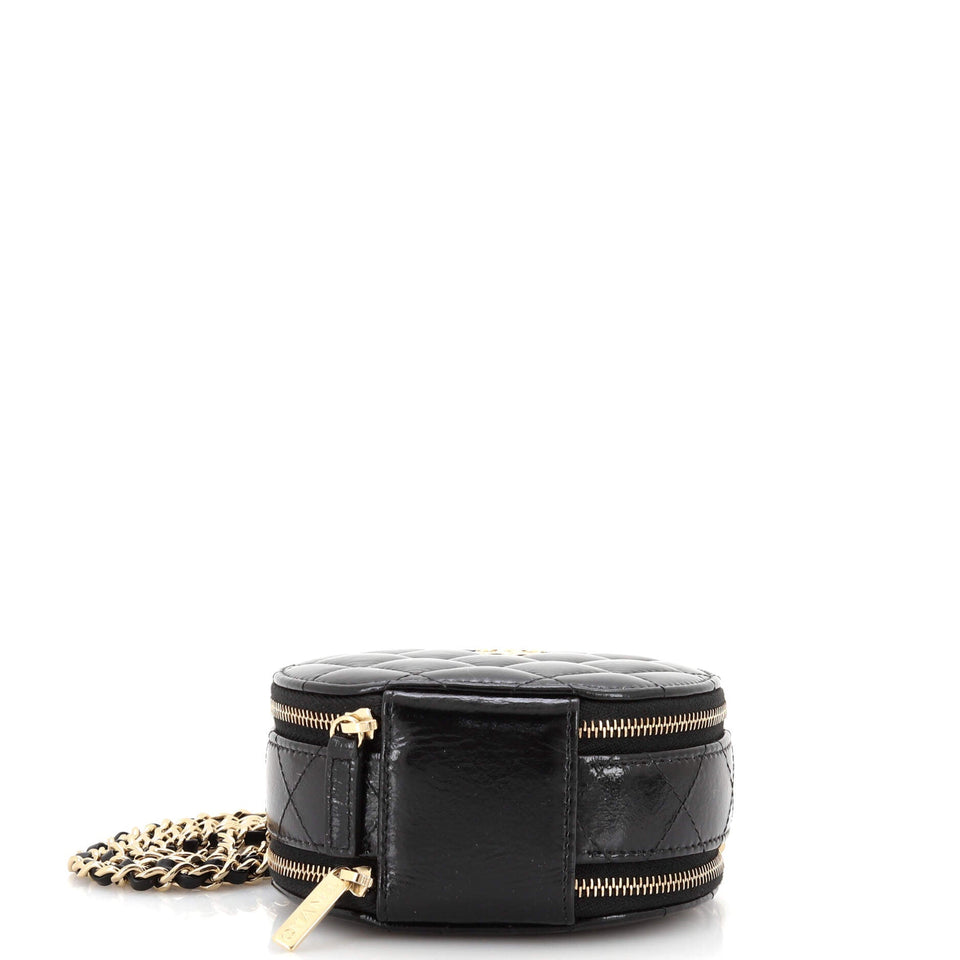 Handle with Care Round Vanity Case with Chain Quilted Patent Small