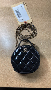 Handle with Care Round Vanity Case with Chain Quilted Patent Small