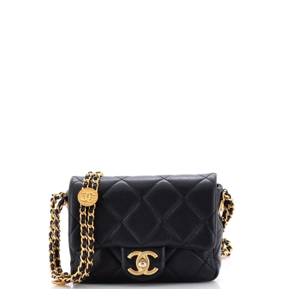 Twist Your Buttons Flap Bag Quilted Caviar Mini