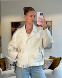 Prada Off White Leather Biker Asymmetric Jacket with Metal Logo Belt Buckle Detail Size IT 42 (UK 10)