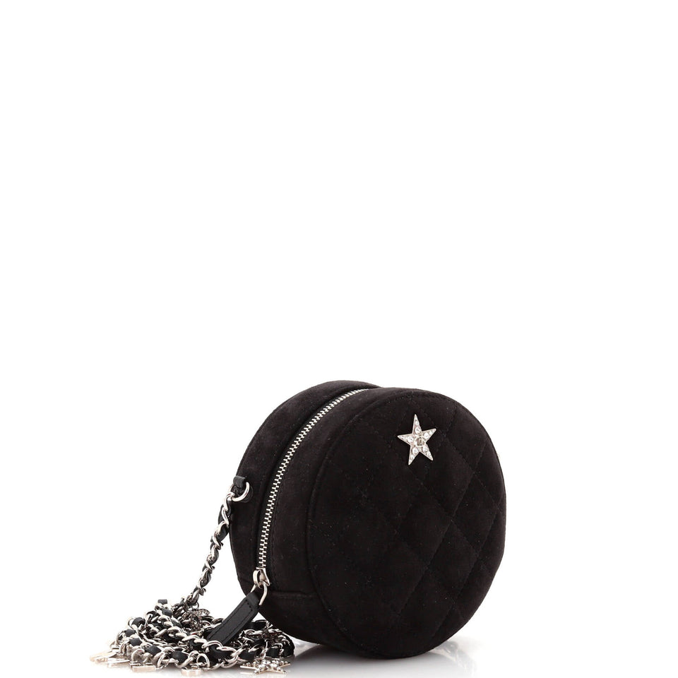 Star Round Clutch with Chain Quilted Suede with Crystal Embellished Charms