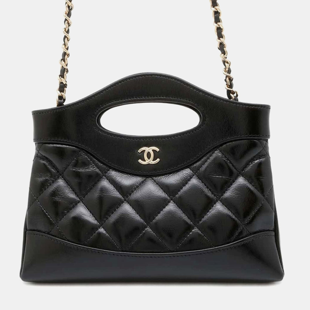 Black Shiny Calf Leather Chanel31 Chain Shoulder Bag Size Mini