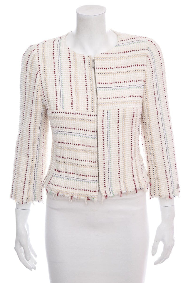 Chanel 2000 Cream & Red Tweed Zip Up Jacket SZ 38