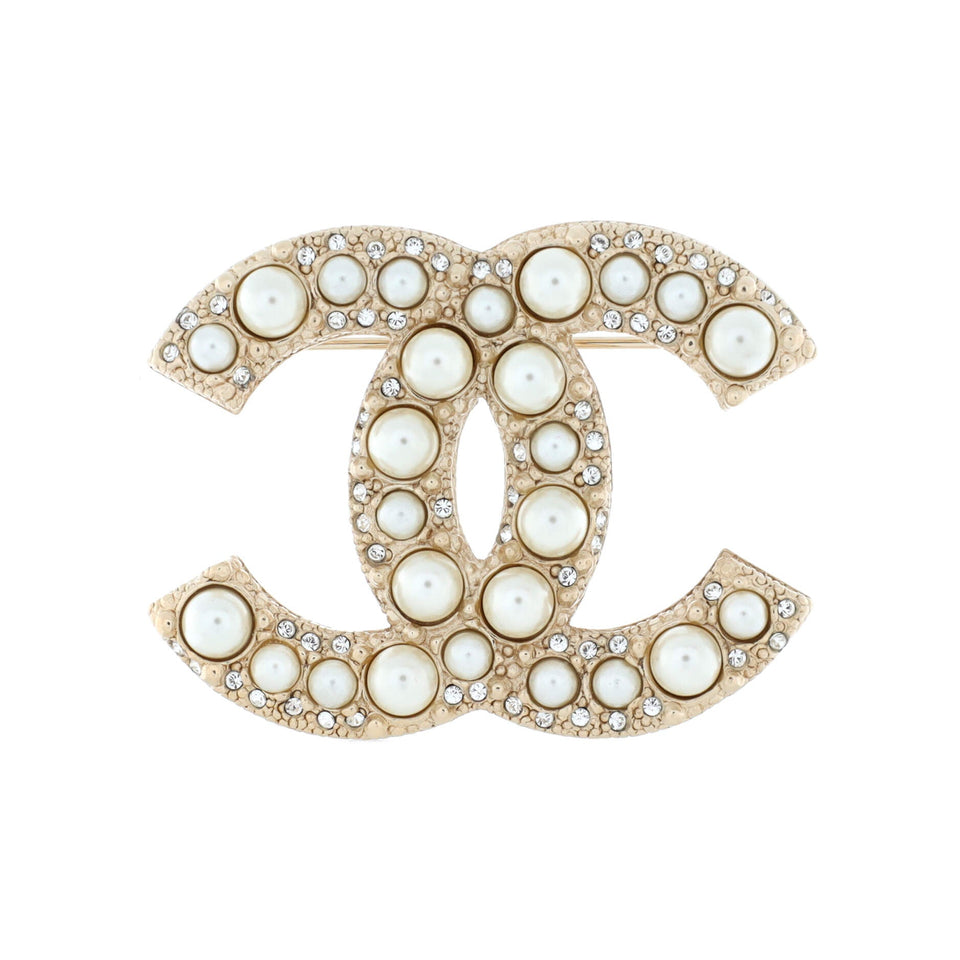 CC Brooch Metal with Crystals and Faux Pearls