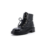 Women's Chain CC Cap Toe Lace Up Combat Boots Quilted Shiny Calfskin