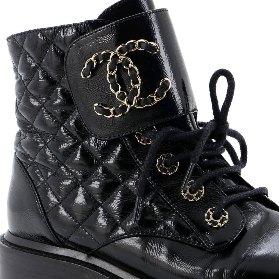 Women's Chain CC Cap Toe Lace Up Combat Boots Quilted Shiny Calfskin