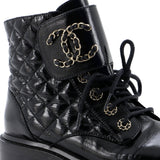 Women's Chain CC Cap Toe Lace Up Combat Boots Quilted Shiny Calfskin