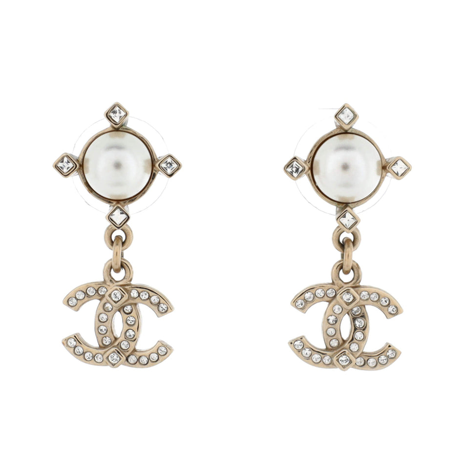 Geometric CC Drop Earrings Metal with Crystals and Faux Pearls