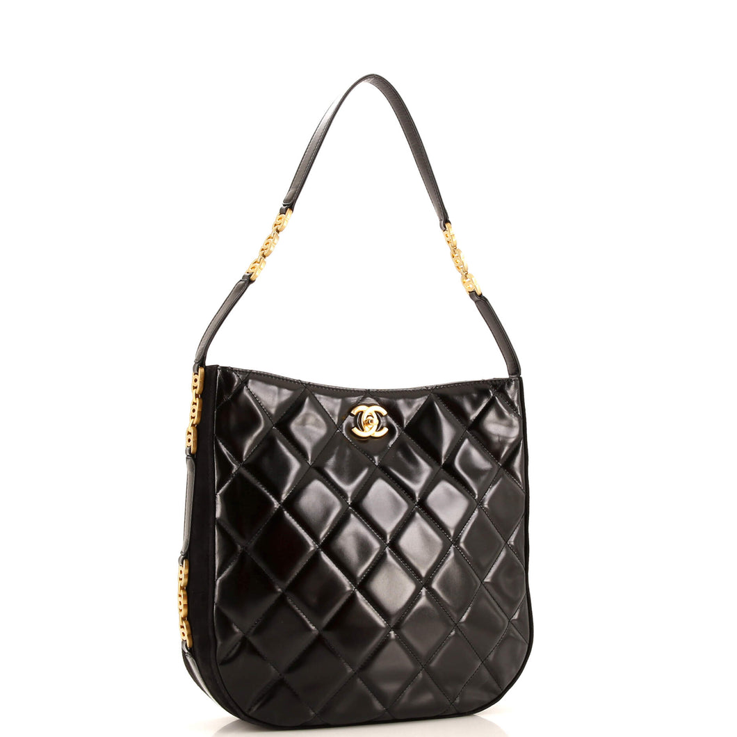 CC Link Hobo Quilted Shiny Calfskin and Suede